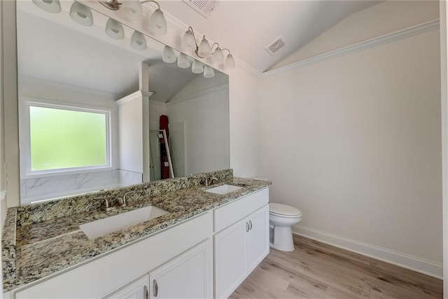 bathroom featuring hardwood / wood-style flooring, vaulted ceiling, vanity, and toilet