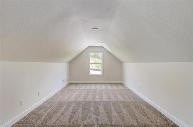 additional living space featuring lofted ceiling, light colored carpet, and a textured ceiling