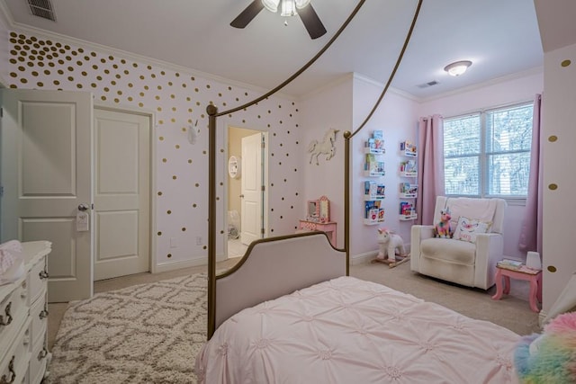 bedroom with ornamental molding, light carpet, connected bathroom, and ceiling fan