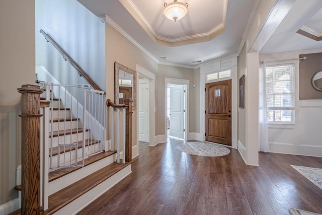 foyer entrance with a raised ceiling, ornamental molding, and dark wood-type flooring