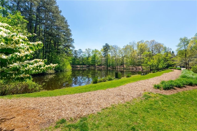 view of home's community with a yard, a forest view, and a water view