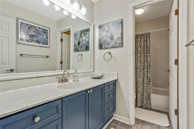 2073 Woodside Park Dr, Woodstock, GA 30188 - full bath with vanity, tile patterned flooring, and shower / tub combo with curtain