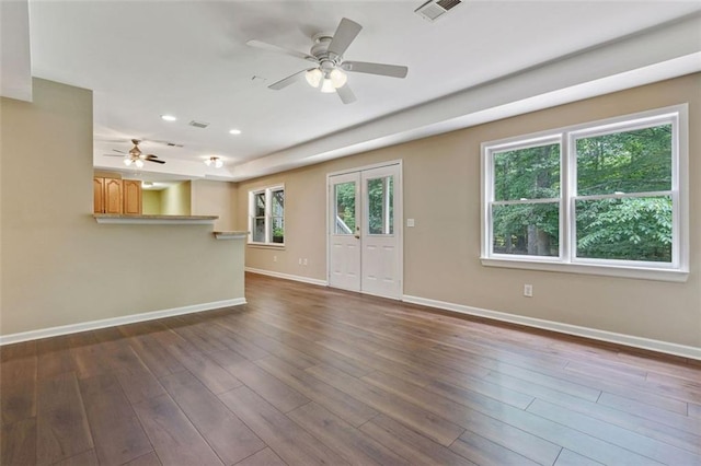 2073 Woodside Park Dr, Woodstock, GA 30188 - unfurnished living room featuring a ceiling fan, dark wood-style flooring, recessed lighting, and stairway