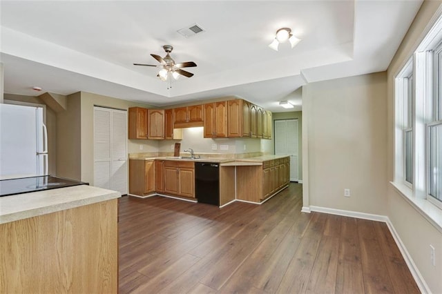 2073 Woodside Park Dr, Woodstock, GA 30188 - kitchen with black appliances, a tray ceiling, and dark wood-style flooring