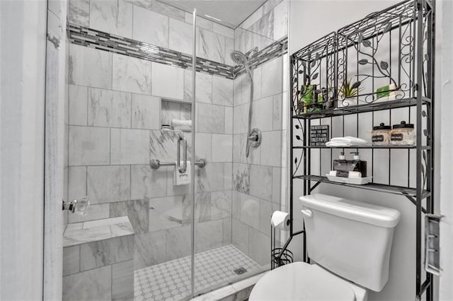 bathroom featuring a stall shower and toilet