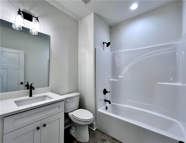 full bath featuring visible vents, shower / bath combination, vanity, and toilet