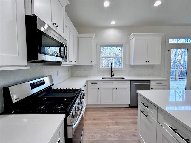 kitchen featuring appliances with stainless steel finishes, white cabinets, a sink, and backsplash