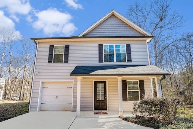 view of front of home featuring a garage, driveway, a porch, and roof with shingles