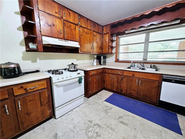 kitchen featuring white appliances, marble finish floor, under cabinet range hood, open shelves, and a sink