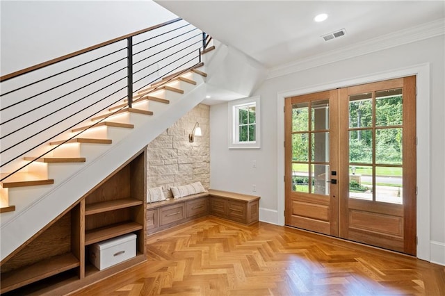 115 Baxley Ln, Alpharetta, GA 30004 - interior space with crown molding, baseboards, visible vents, and stairs