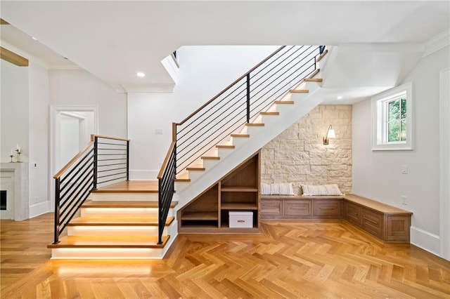 115 Baxley Ln, Alpharetta, GA 30004 - stairs with recessed lighting, a fireplace, baseboards, and crown molding
