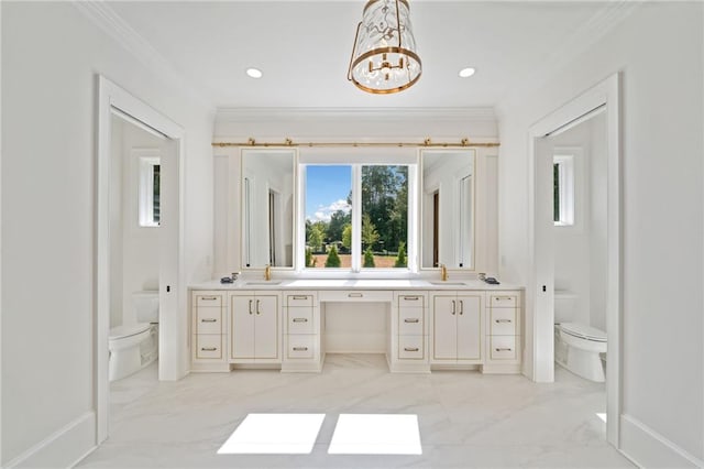 115 Baxley Ln, Alpharetta, GA 30004 - bathroom with a sink, ornamental molding, toilet, and marble finish floor