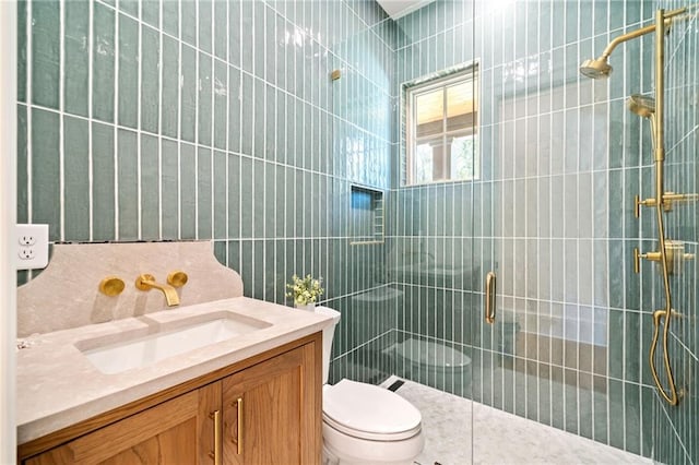 115 Baxley Ln, Alpharetta, GA 30004 - full bathroom featuring vanity, a stall shower, tile patterned floors, toilet, and tile walls