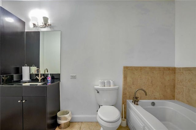 full bathroom featuring a garden tub, toilet, tile patterned flooring, baseboards, and vanity