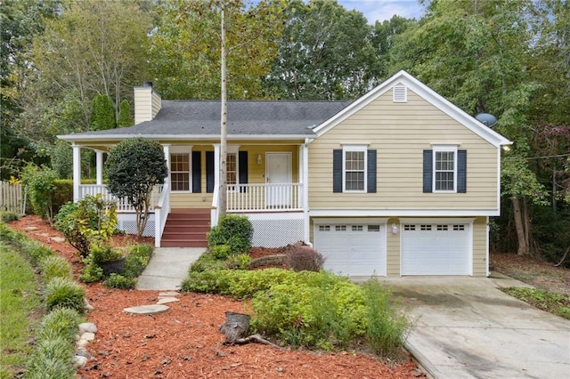 178 Seals Dr, Dallas, GA 30157 - ranch-style home with a shingled roof, a porch, an attached garage, a chimney, and concrete driveway