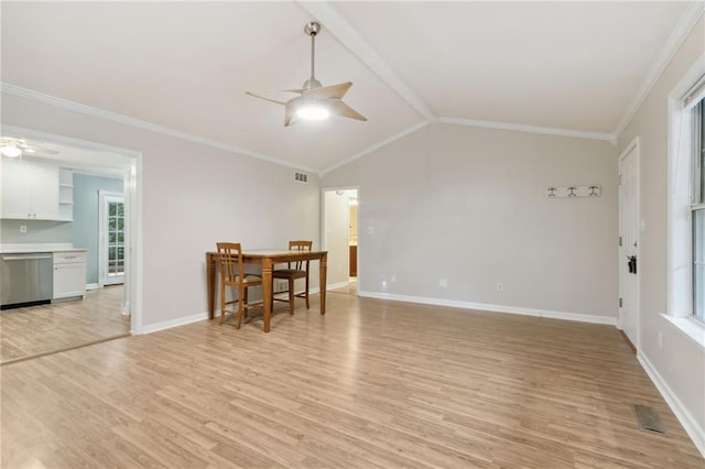 interior space featuring light hardwood / wood-style flooring, vaulted ceiling with beams, ceiling fan, and crown molding