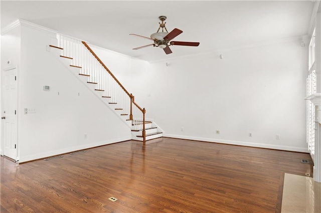 5725 Lake Oak Lndg, Cumming, GA 30040 - unfurnished living room with stairs, ceiling fan, wood finished floors, and crown molding