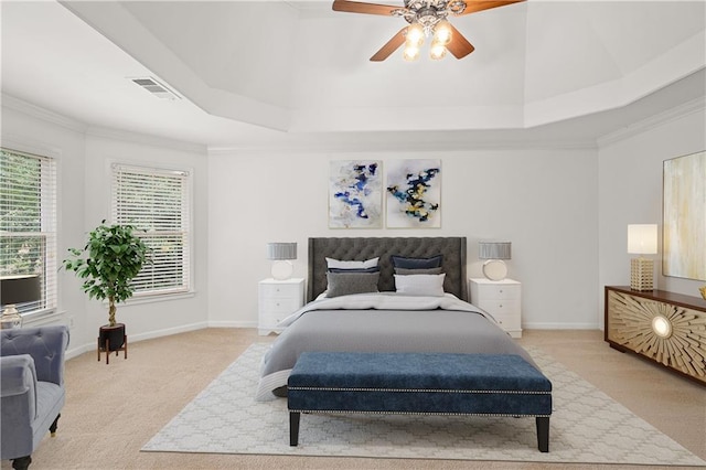 5725 Lake Oak Lndg, Cumming, GA 30040 - bedroom with baseboards, light carpet, crown molding, a ceiling fan, and a tray ceiling