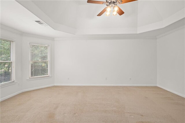 5725 Lake Oak Lndg, Cumming, GA 30040 - empty room with ceiling fan, light carpet, crown molding, baseboards, and a tray ceiling