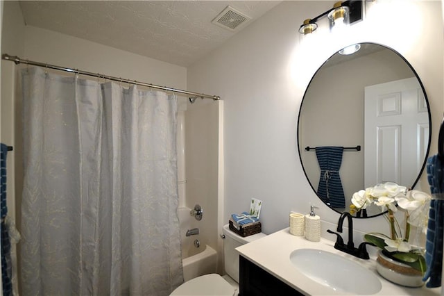 full bathroom with toilet, a textured ceiling, shower / bath combination with curtain, and vanity