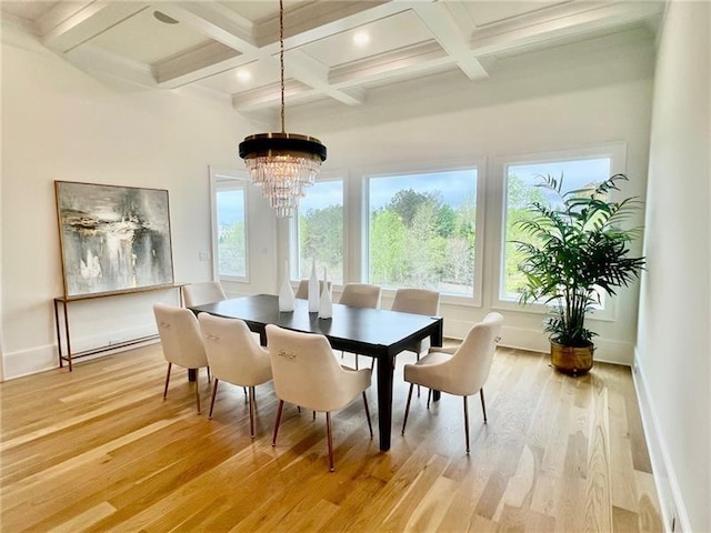 dining area with beamed ceiling, light wood-style flooring, a chandelier, coffered ceiling, and baseboards
