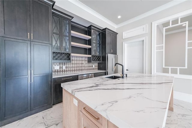 kitchen with a sink, light marble finish floors, light stone countertops, ornamental molding, and recessed lighting