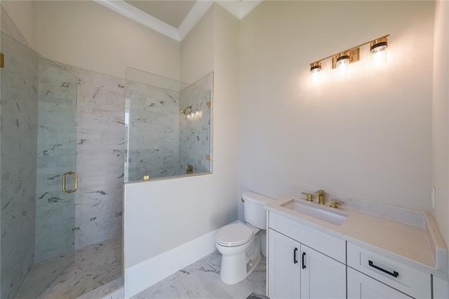 bathroom with a marble finish shower, toilet, crown molding, vanity, and marble finish floors