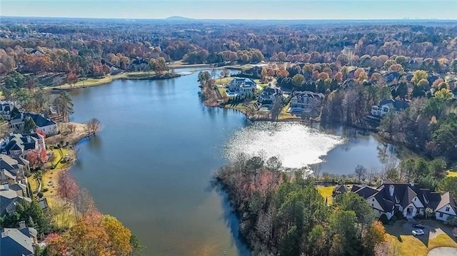 aerial view of residential area with a large body of water