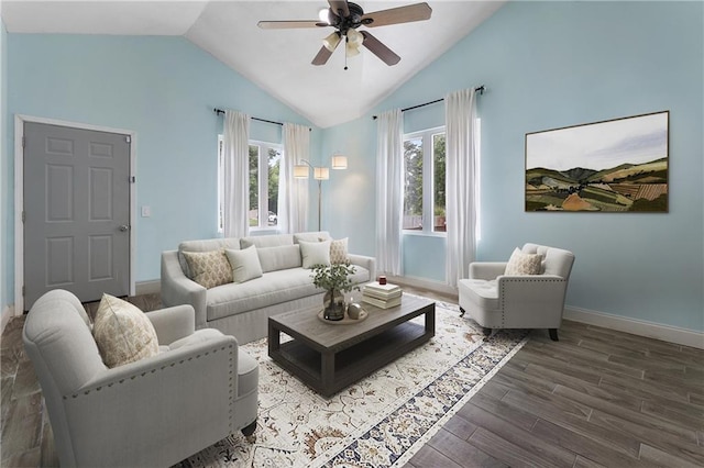 1491 Black Hickory Pl, Norcross, GA 30093 - living room featuring wood finished floors, a ceiling fan, vaulted ceiling, and baseboards