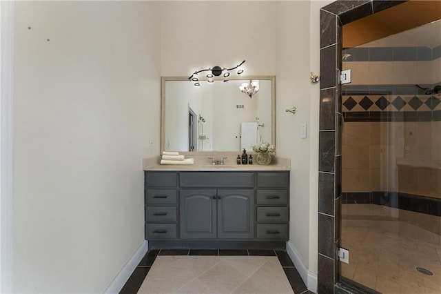 1491 Black Hickory Pl, Norcross, GA 30093 - bathroom featuring vanity, baseboards, a shower stall, and tile patterned flooring