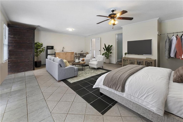 1491 Black Hickory Pl, Norcross, GA 30093 - bedroom with ornamental molding, a sink, tile patterned floors, and ceiling fan