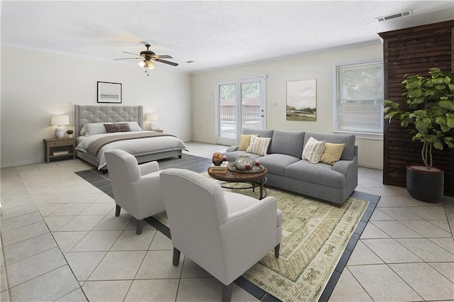 1491 Black Hickory Pl, Norcross, GA 30093 - bedroom with access to exterior, ornamental molding, light tile patterned flooring, a textured ceiling, and ceiling fan