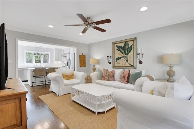 435 Grenock Cir, Atlanta, GA 30328 - living room with ceiling fan, recessed lighting, dark wood-type flooring, and ornamental molding