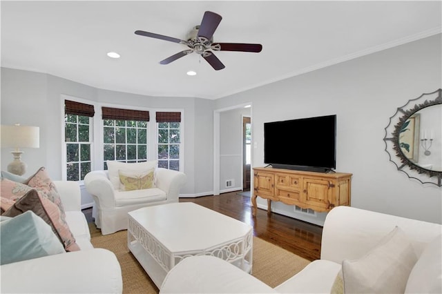 435 Grenock Cir, Atlanta, GA 30328 - living room featuring recessed lighting, wood finished floors, ceiling fan, and crown molding