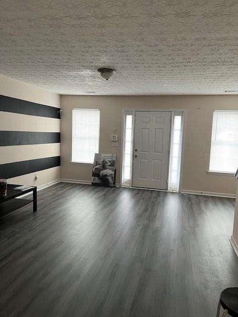 entrance foyer with dark wood-type flooring, a healthy amount of sunlight, and a textured ceiling