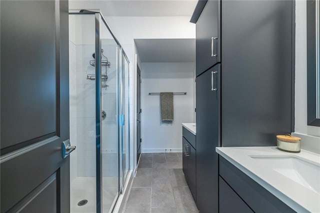 399 Pratt Dr SE, Atlanta, GA 30315 - bathroom featuring vanity, a shower stall, tile patterned flooring, and baseboards