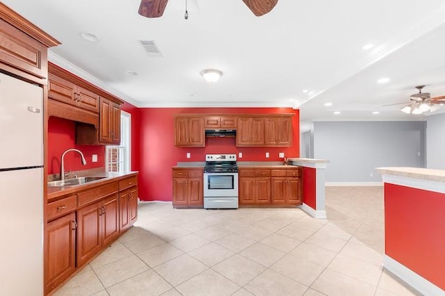 kitchen with stainless steel electric stove, visible vents, freestanding refrigerator, a sink, and under cabinet range hood