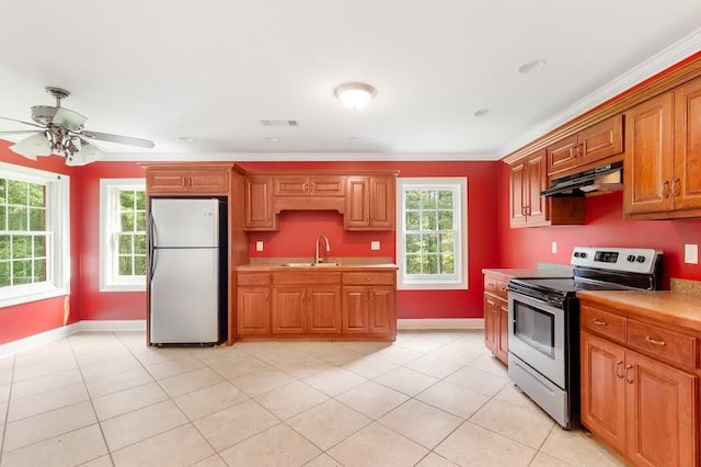 kitchen featuring ceiling fan, electric stove, light tile patterned floors, and white refrigerator