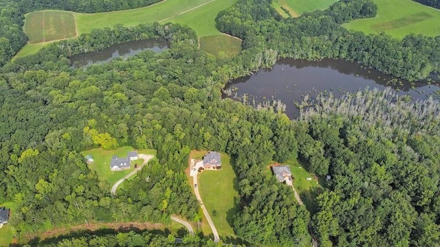 aerial view featuring a water view and a forest view