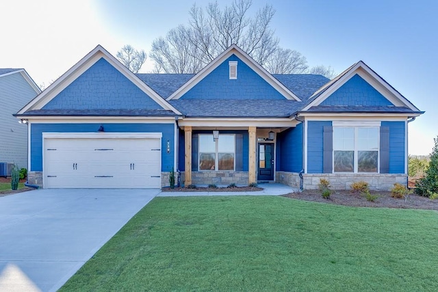 craftsman inspired home featuring a garage, central AC, and a front lawn