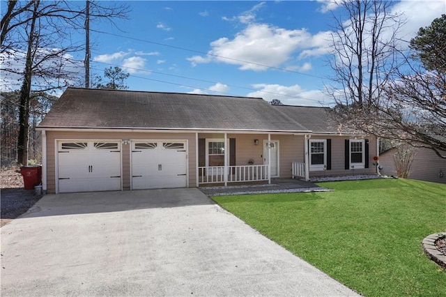 ranch-style home featuring an attached garage, a front lawn, a shingled roof, a porch, and driveway