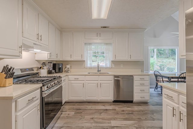 kitchen with white cabinetry, light hardwood / wood-style floors, appliances with stainless steel finishes, and a healthy amount of sunlight