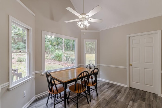 dining space with ceiling fan, ornamental molding, dark hardwood / wood-style flooring, and a healthy amount of sunlight