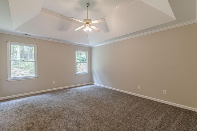 spare room featuring ceiling fan, a tray ceiling, crown molding, and carpet