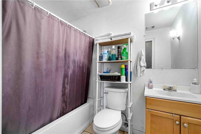 full bath featuring visible vents, toilet, tile patterned floors, vanity, and shower / bath combination with curtain