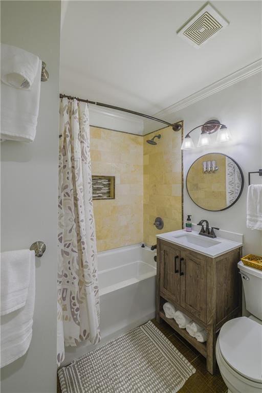 full bath featuring shower / bath combination with curtain, visible vents, toilet, vanity, and tile patterned floors