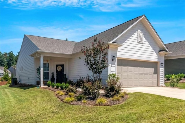 single story home with a front yard and a garage