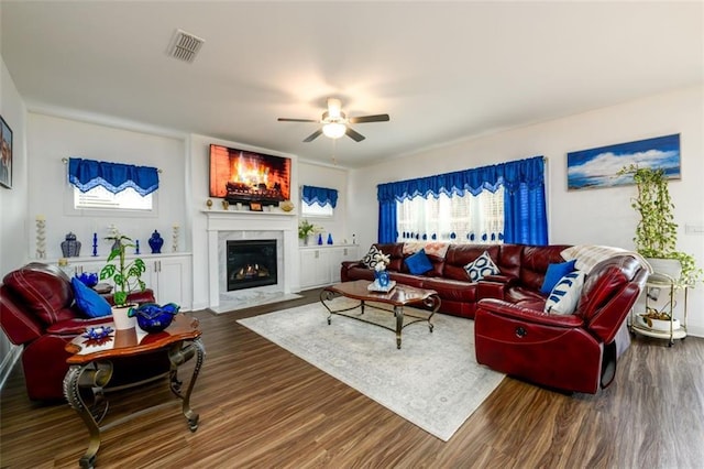 living room featuring ceiling fan and hardwood / wood-style flooring