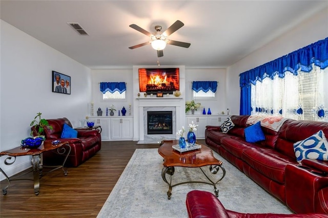 living room with a premium fireplace, dark hardwood / wood-style flooring, and ceiling fan