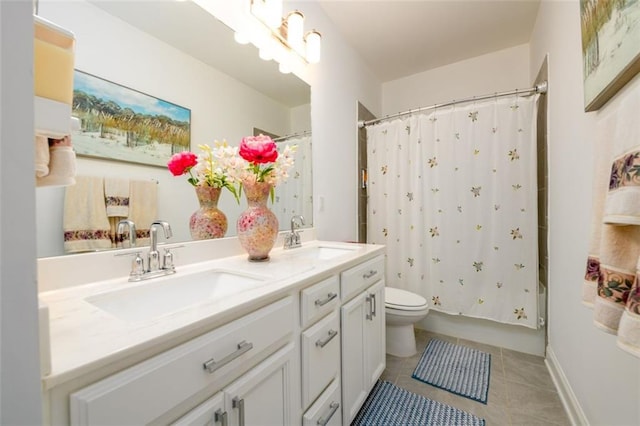 full bathroom featuring tile patterned flooring, shower / bath combo, toilet, and vanity